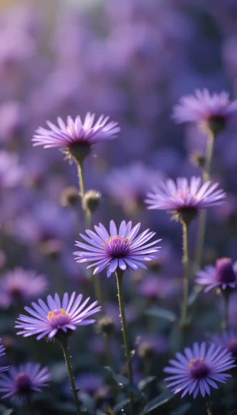 Sognante macro in primo piano di fiori di astro viola