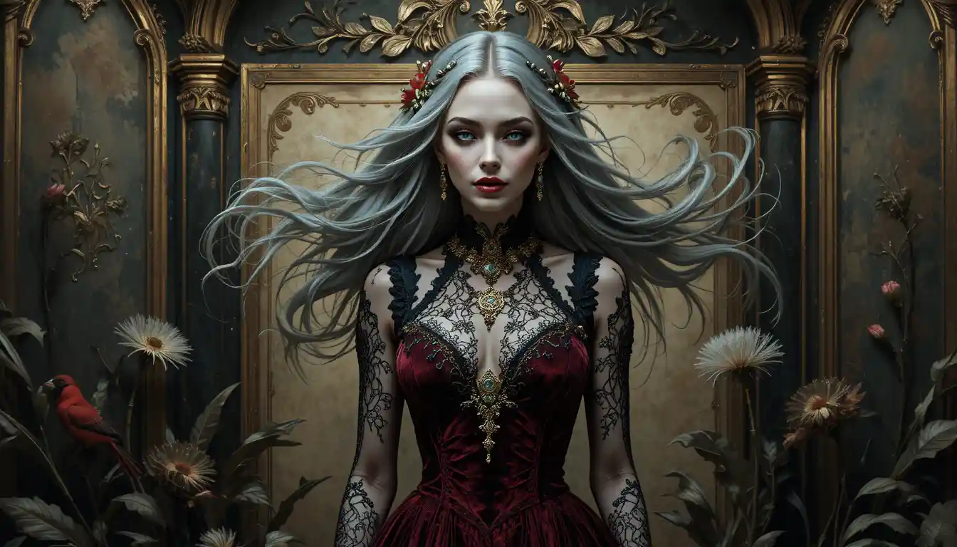 Gothic-Vampirfrau mit wallendem grauem Haar in der Nacht
