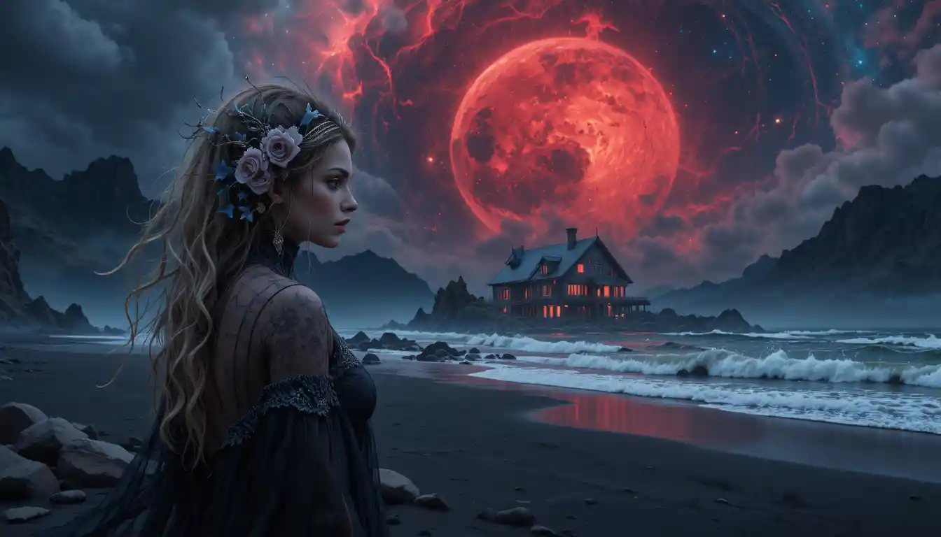 Gothic woman with floral hair on a serene fantasy shore