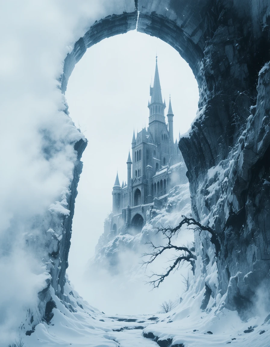 Gothic castle in a keyhole silhouette amid a blizzard