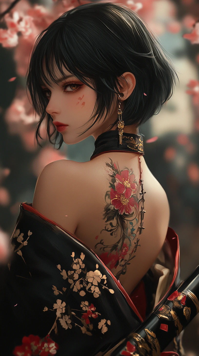 Samurai woman in black kimono under soft cherry blossoms