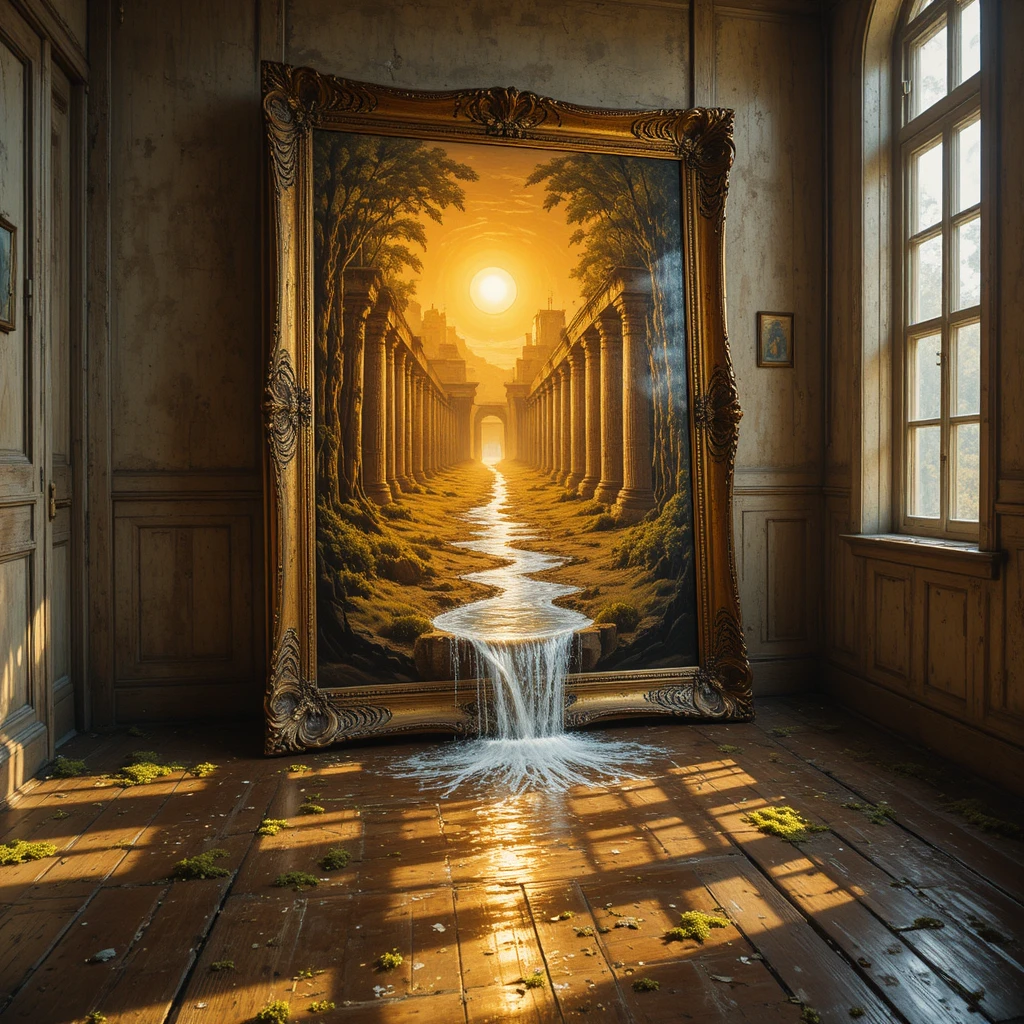 Old sunlit room with ornate frame opening to egypt