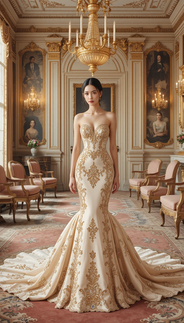 Elegante donna in abito dorato in sontuosa sala di palazzo