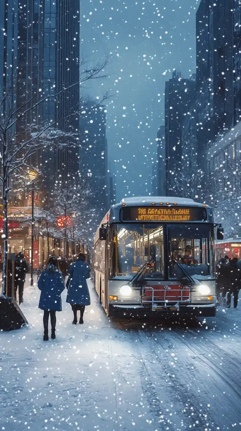 Winter city bus stop scene with five waiting commuters