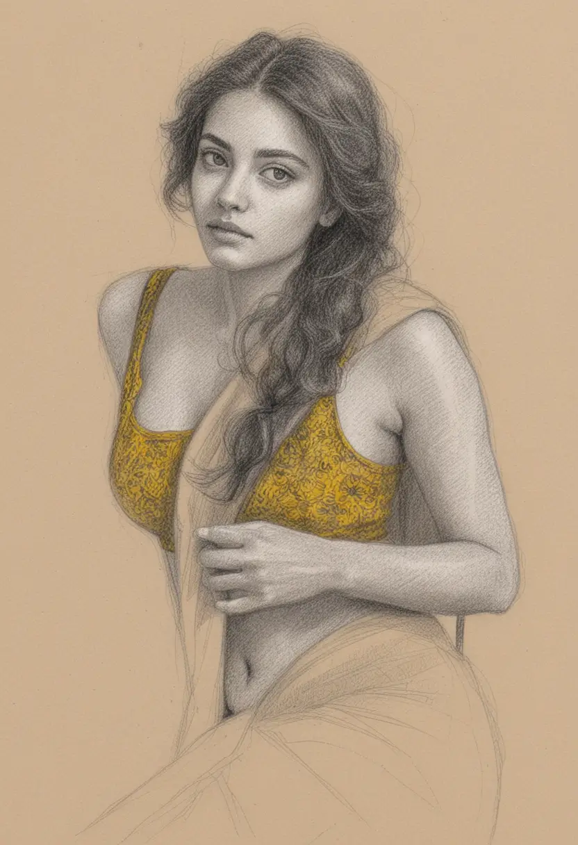Realistic ink and color portrait of a woman in yellow sari