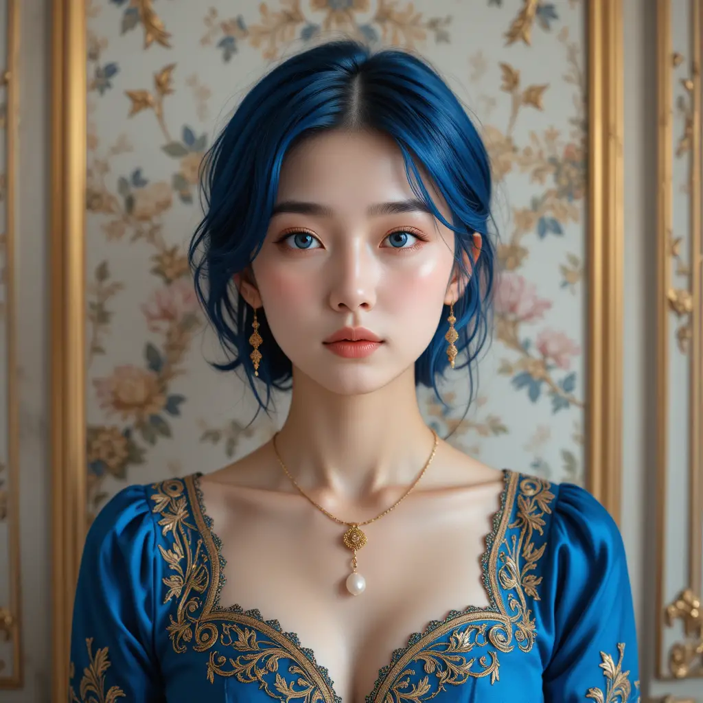 Blue haired girl in ornate blue dress portrait