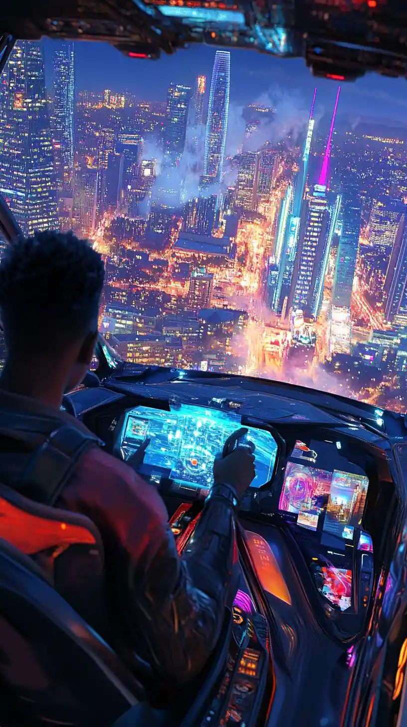 Pilota afrofuturista in un'auto volante sopra San Francisco