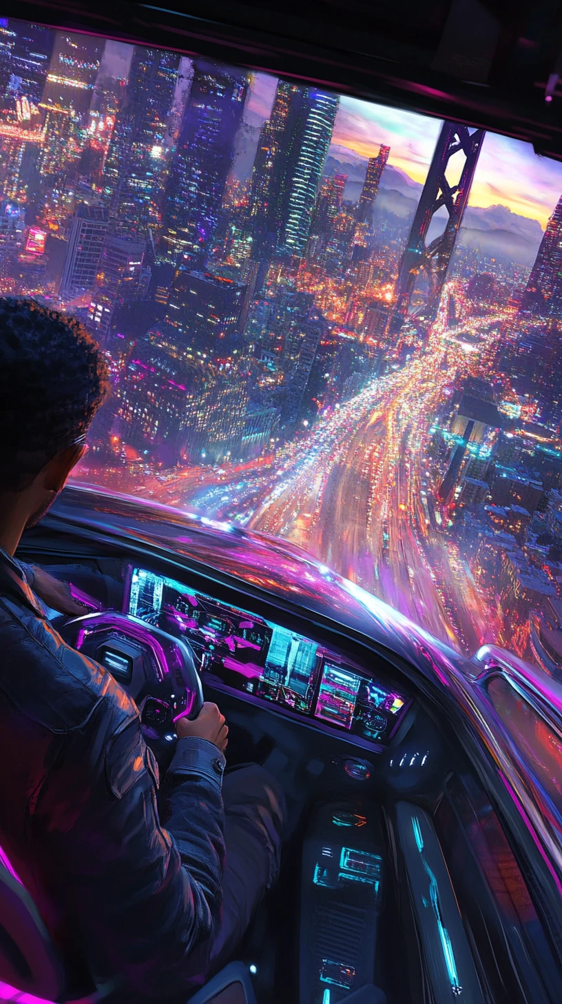 Uomo afrofuturista che pilota un’elegante auto volante sopra lo skyline cittadino