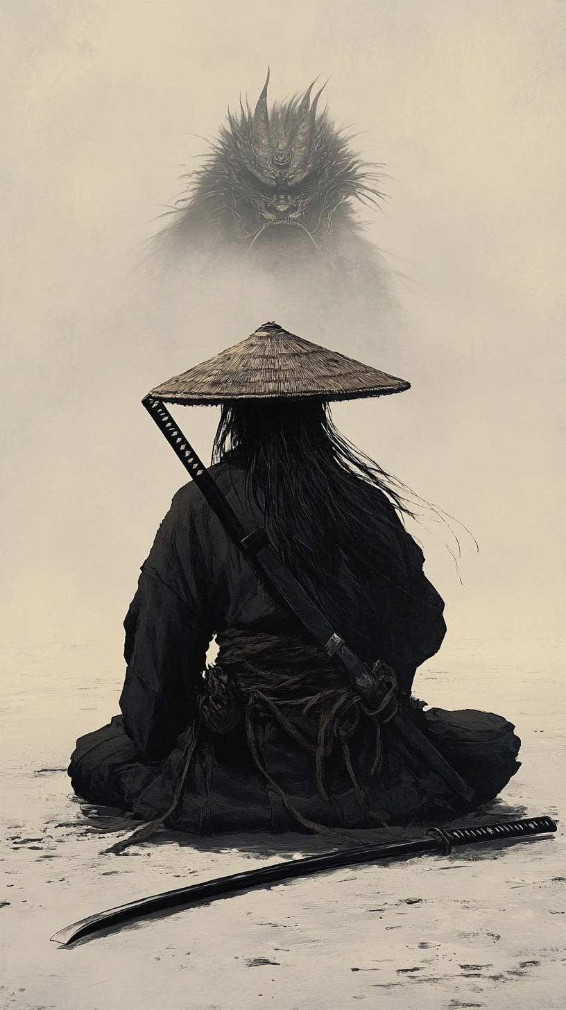 Guerriero samurai in ginocchio con katana in un paesaggio sabbioso e silenzioso