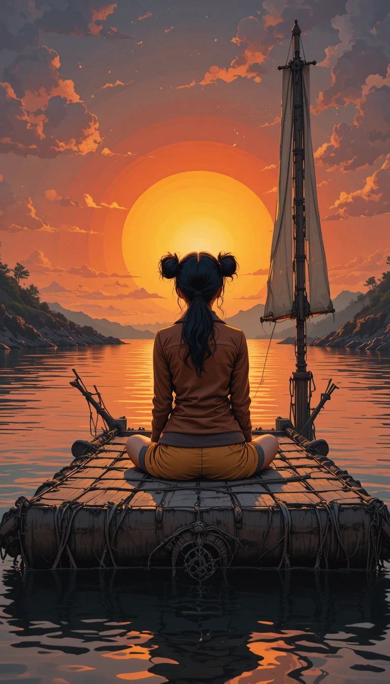 Chica en una pequeña balsa mirando un atardecer distante