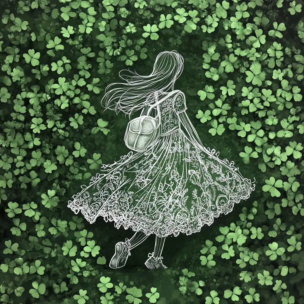 Girl in lace dress drawn over clover field background