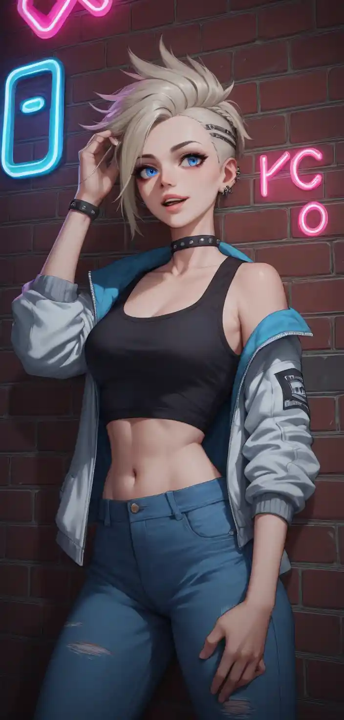 Glamorous punk woman pressed against an urban brick wall