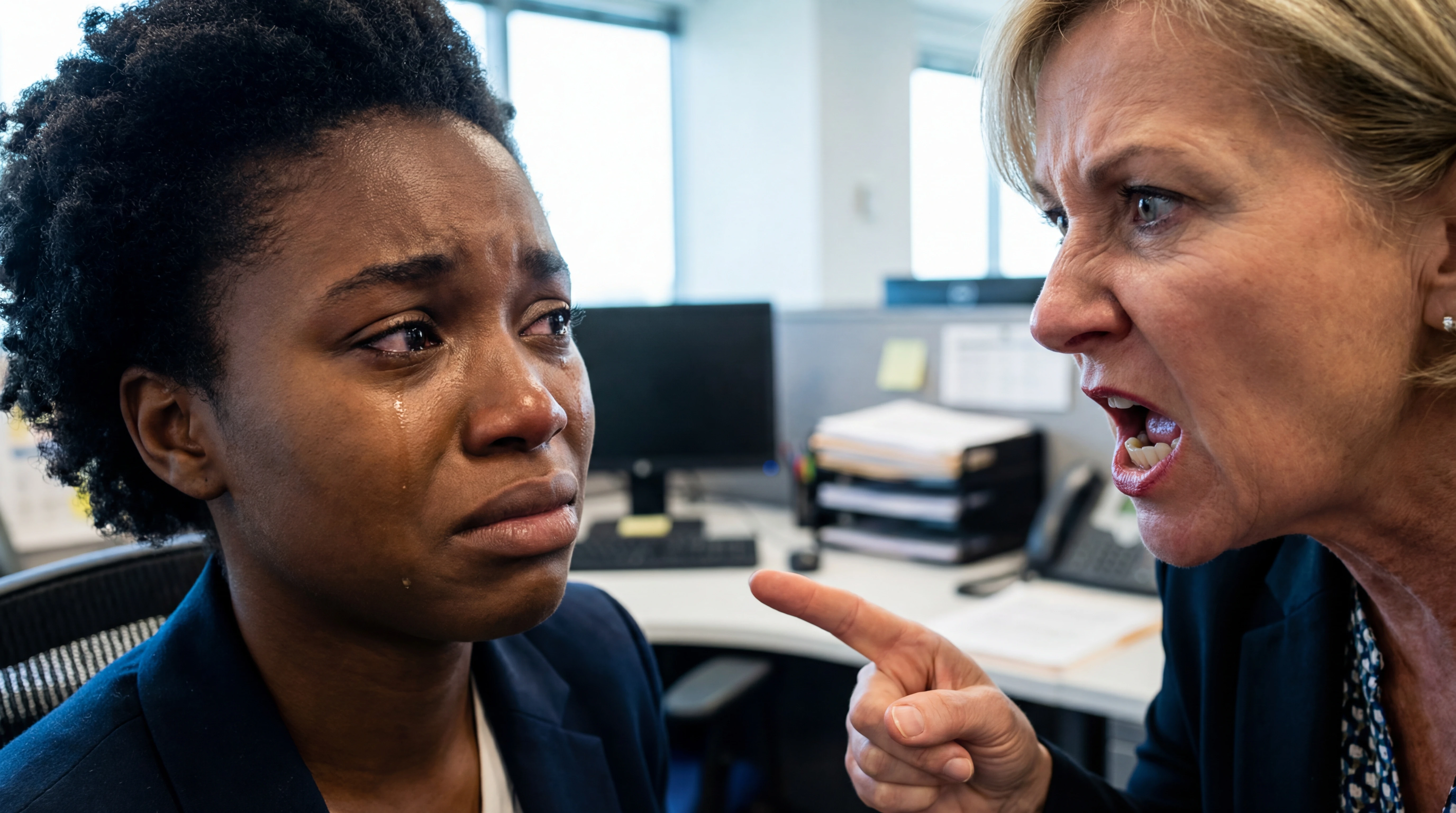 Stressed young woman confronted by angry boss at desk