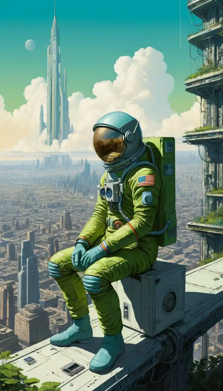 Astronaut Resting Above Futuristic City Megastructure
