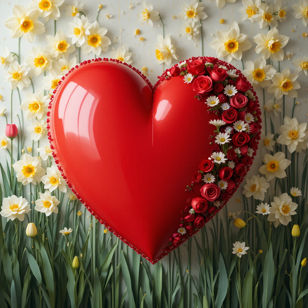 Giant red floral heart with roses and white blossoms