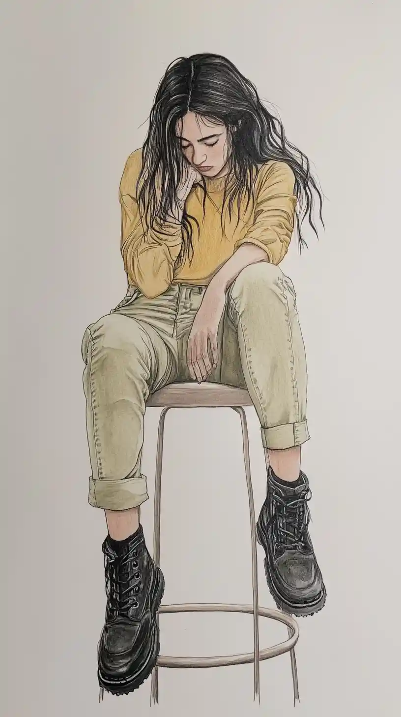 Pensive woman on stool with smartphone in minimalist sketch