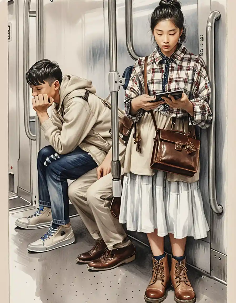Three young friends riding a quiet subway train