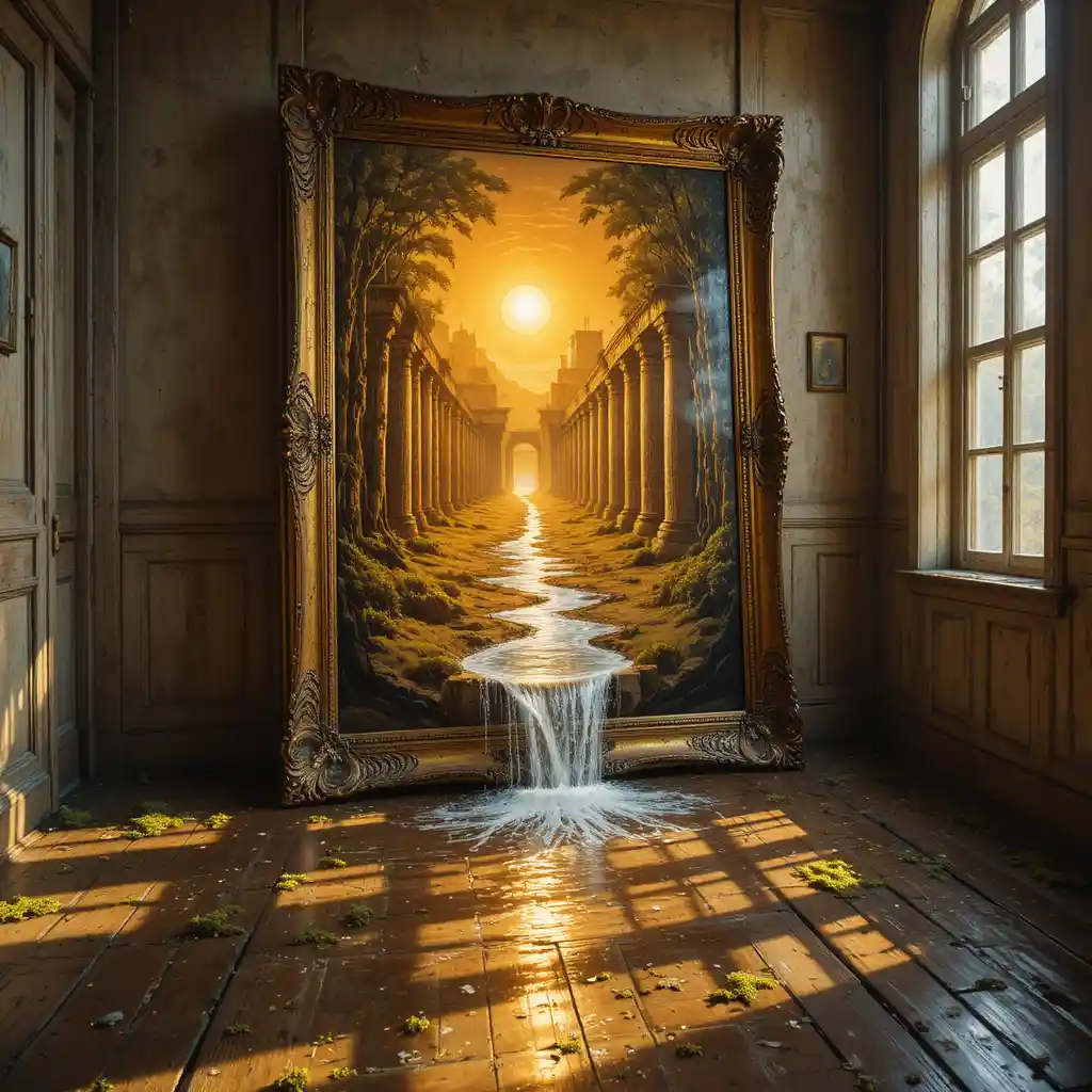 Old sunlit room with ornate frame opening to egypt