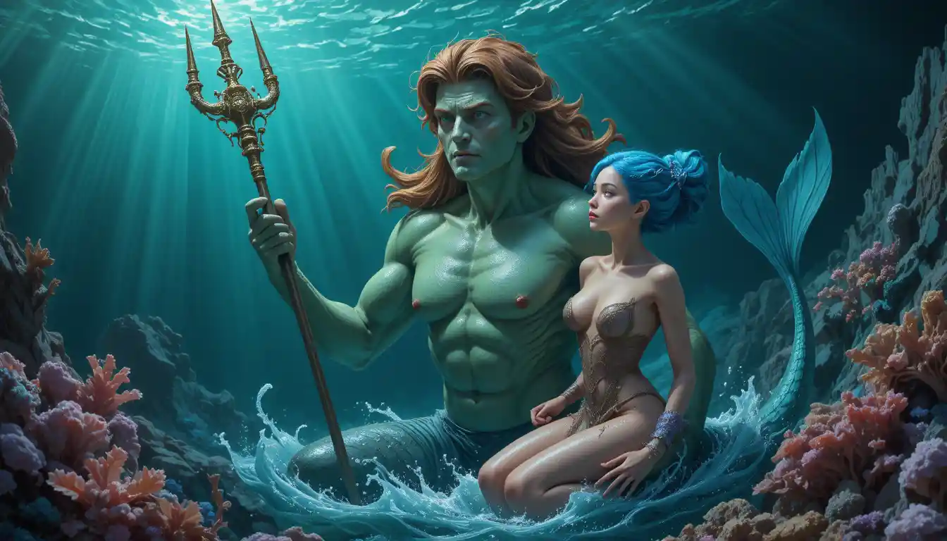 Powerful emerald mermaid holding jeweled trident underwater
