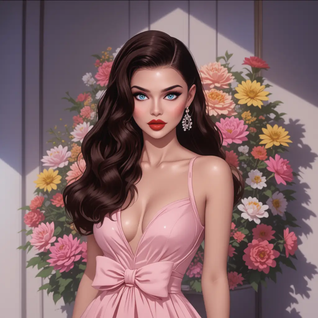 Elegant brunette woman in pink bow dress posing indoors
