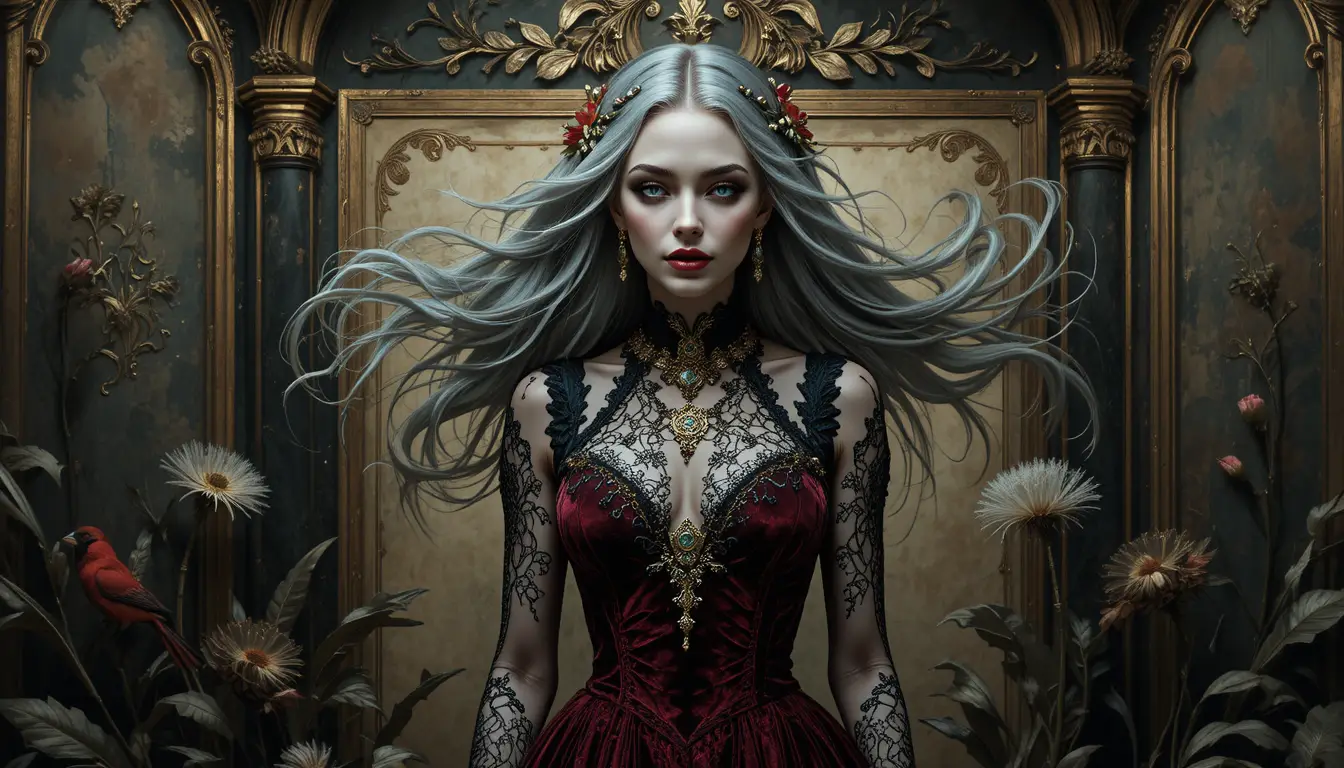 Gothic vampire woman with flowing gray hair at night