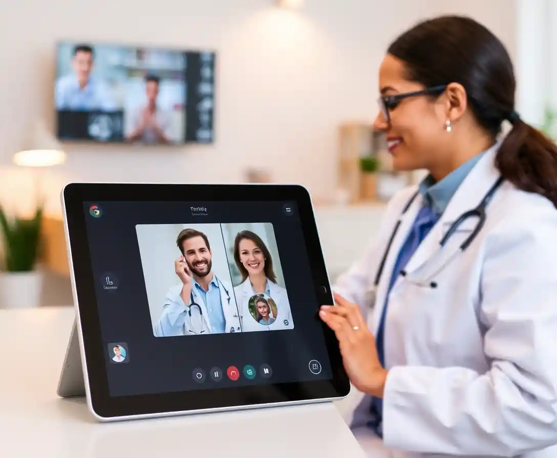 Telemedicine tablet interface in a modern home office