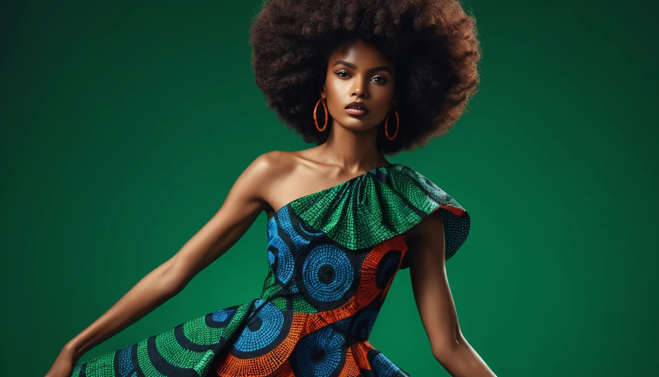 Elegantes schwarzes Model in farbenfrohem DNA-Helix-Kleid