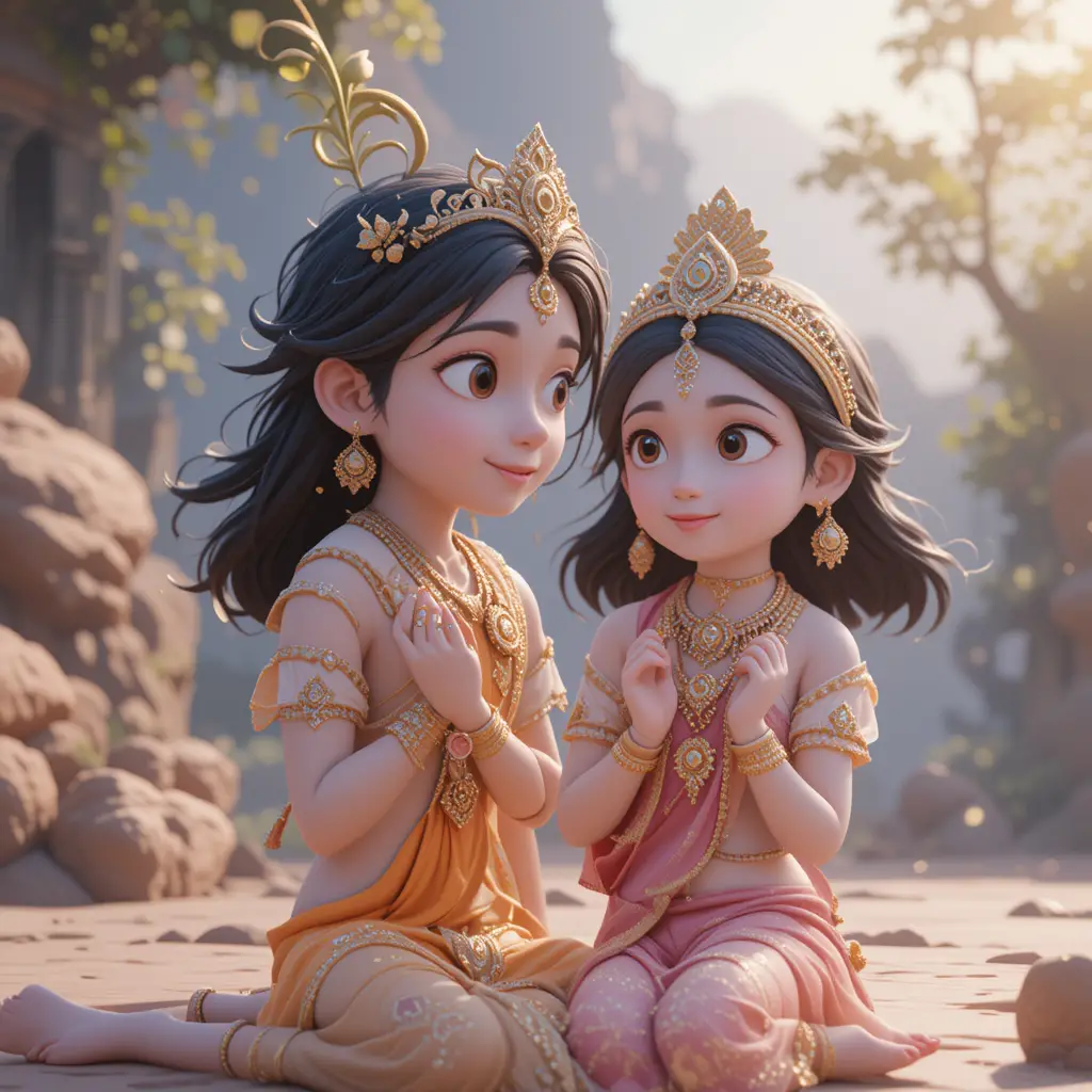 Niño divino Krishna en una escena de animación devocional 3D