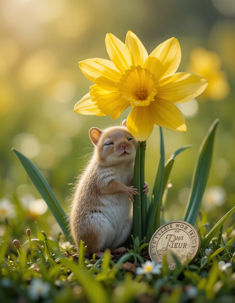Tiny mouse sleeping by a yellow daffodil in spring grass