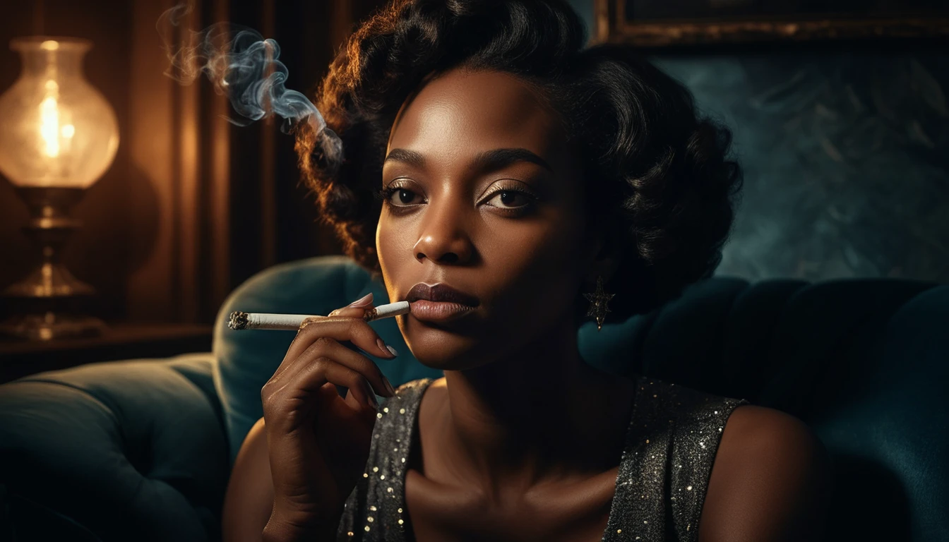 Woman smoking on velvet sofa in moody dim light