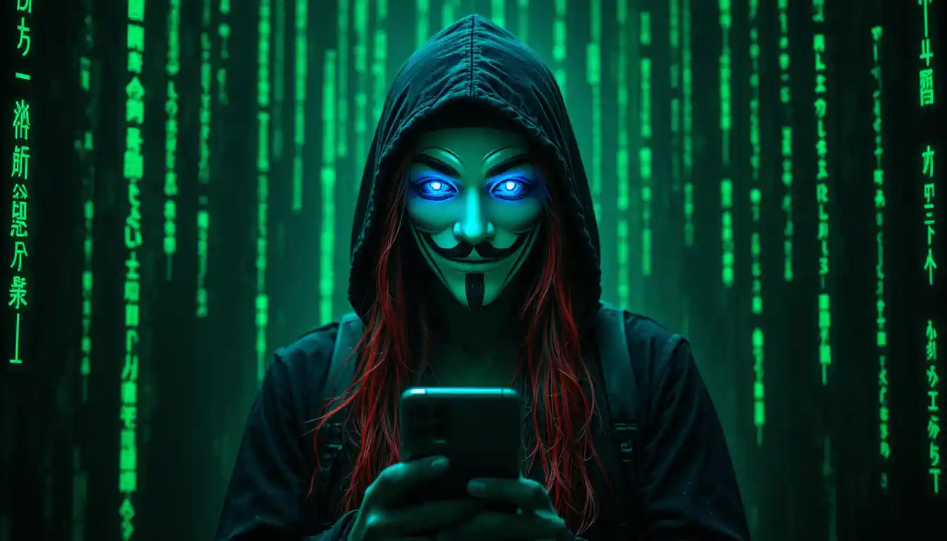 Hooded hacker with glowing blue eyes in digital matrix