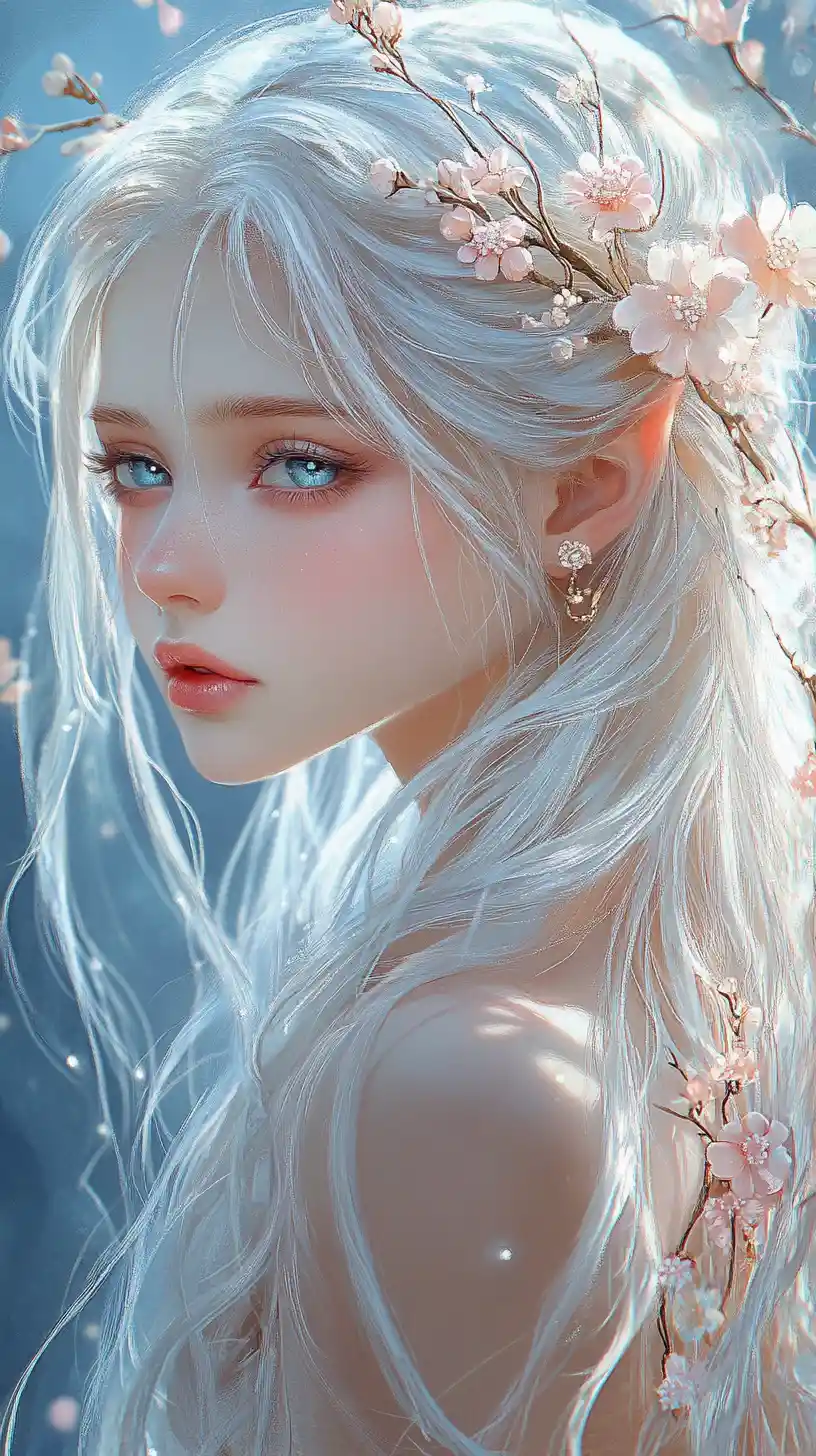 銀髮奇幻少女與花朵與柔和光暈