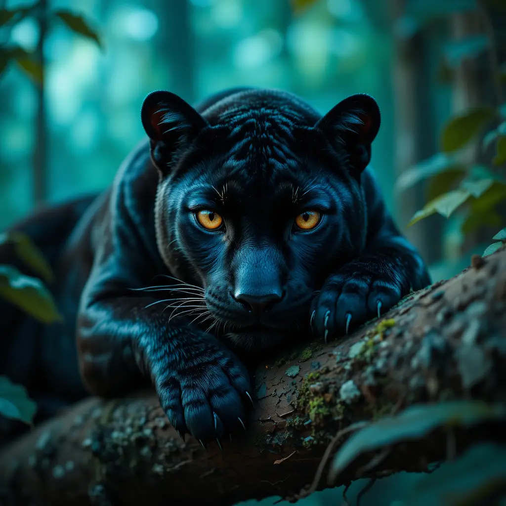 Close up black panther on a jungle tree branch