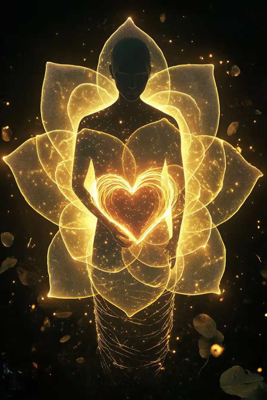 Soft golden rose petals blooming around a glowing figure