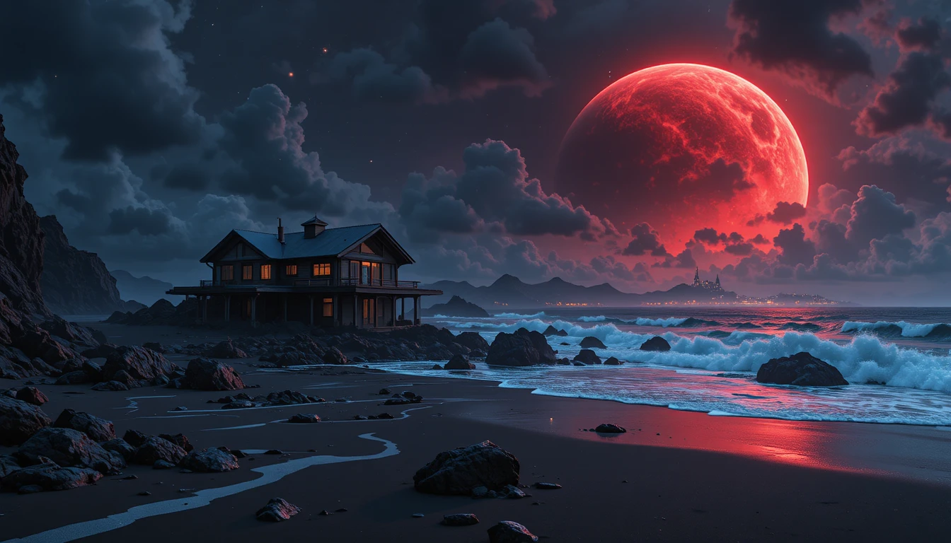 Futuristic house on alien black sand beach at night