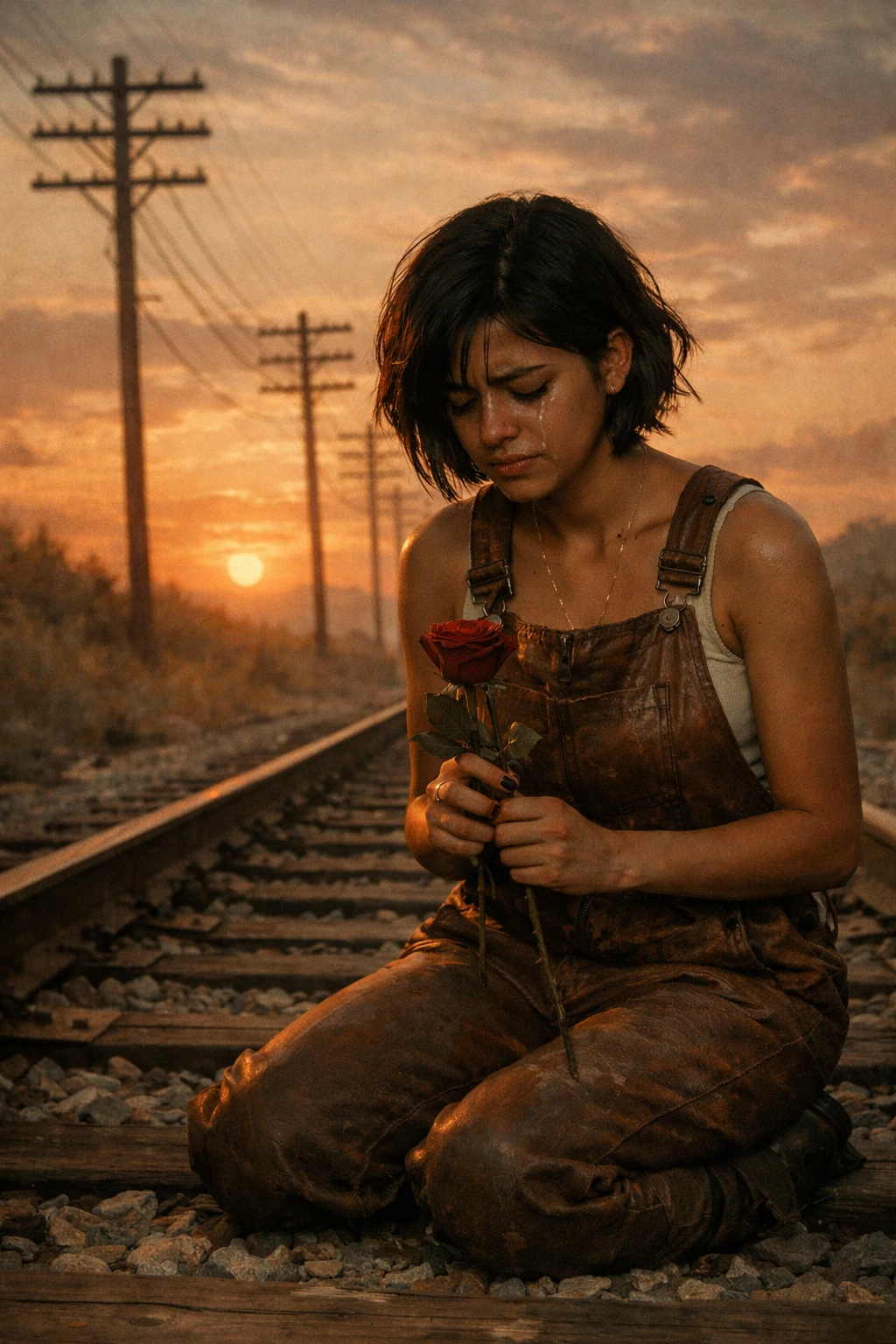 Young woman crying on railway tracks at sunset