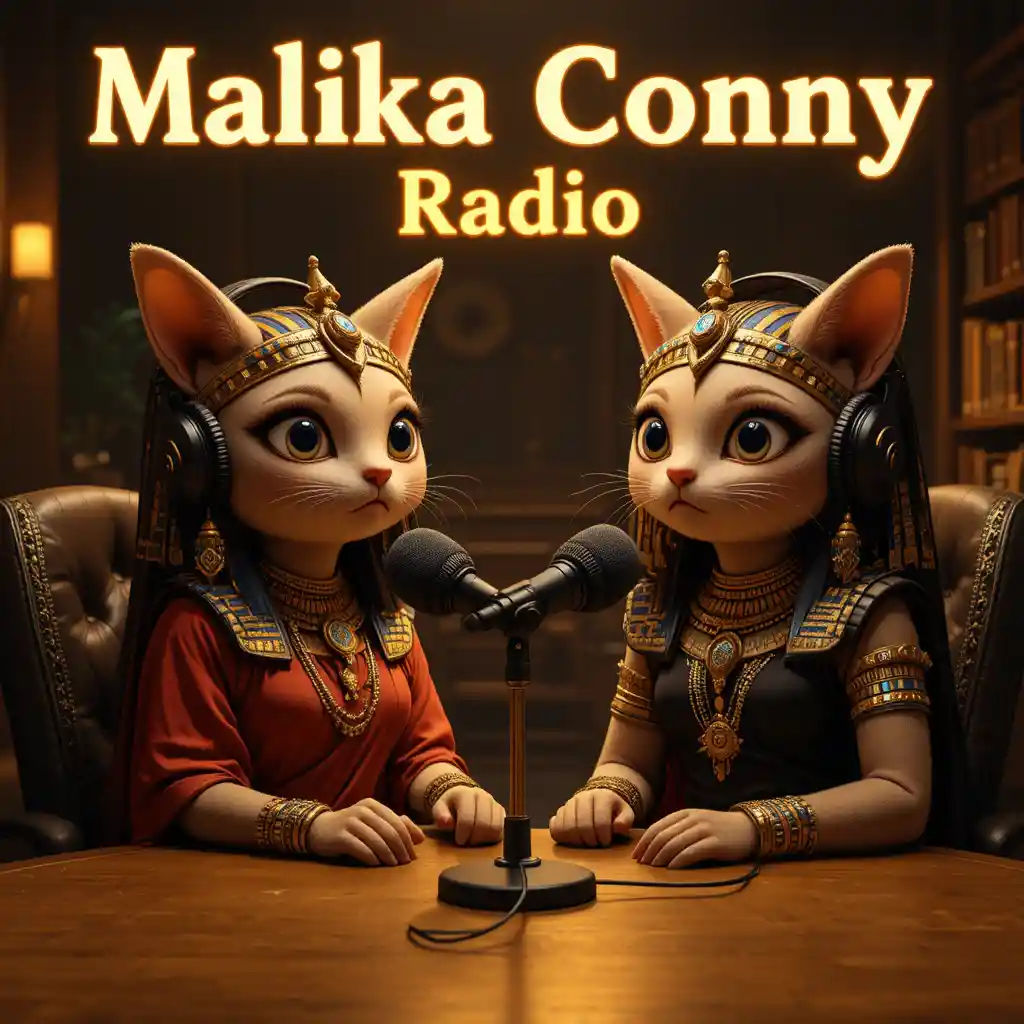 Two cats as ancient queens hosting a cozy radio show