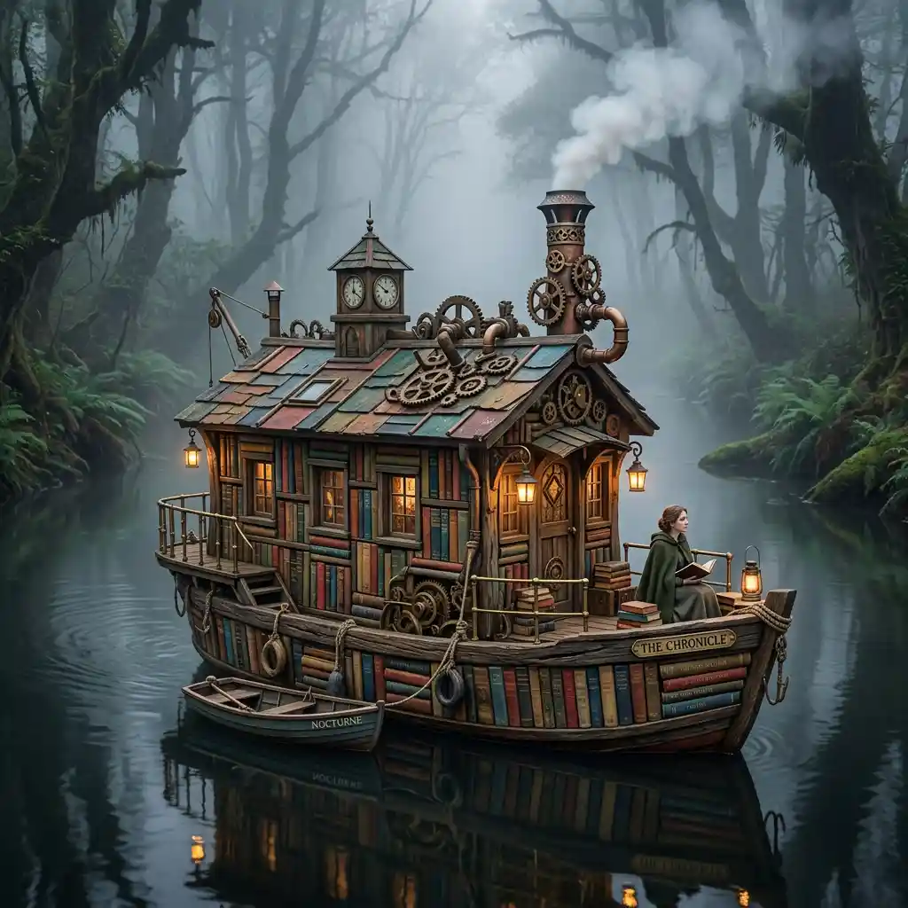 Steampunk book houseboat drifting along a misty river