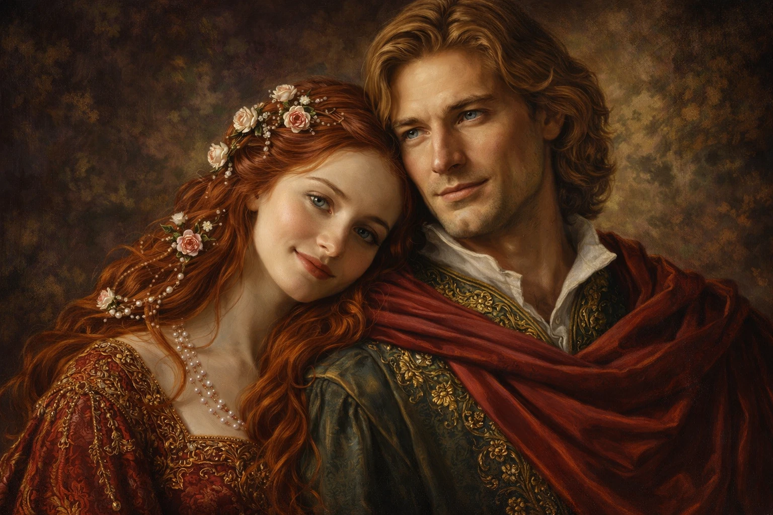 Retrato romântico de casal renascentista em luz suave e radiante