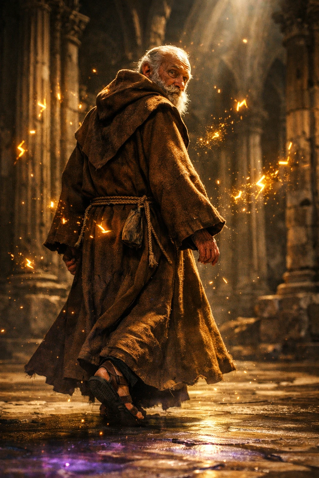 Elderly monk walking through ruined cathedral with glowing runes