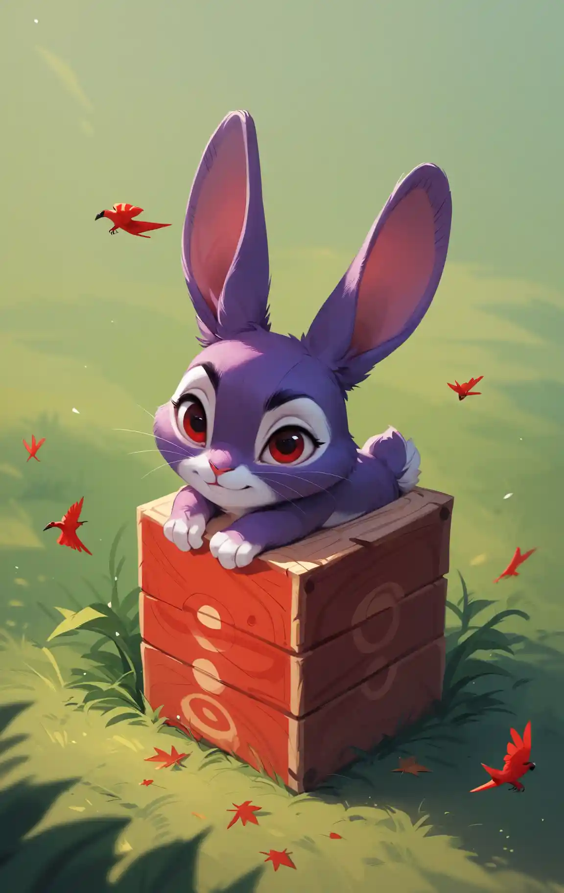 Purple rabbits emerging from fresh spring grass