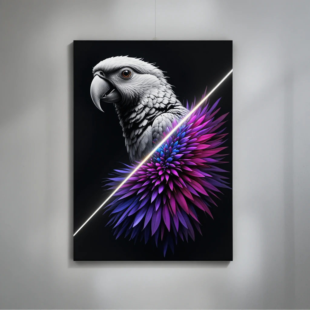 Dipinto moderno di pappagallo diviso tra monocromia e colori vivaci