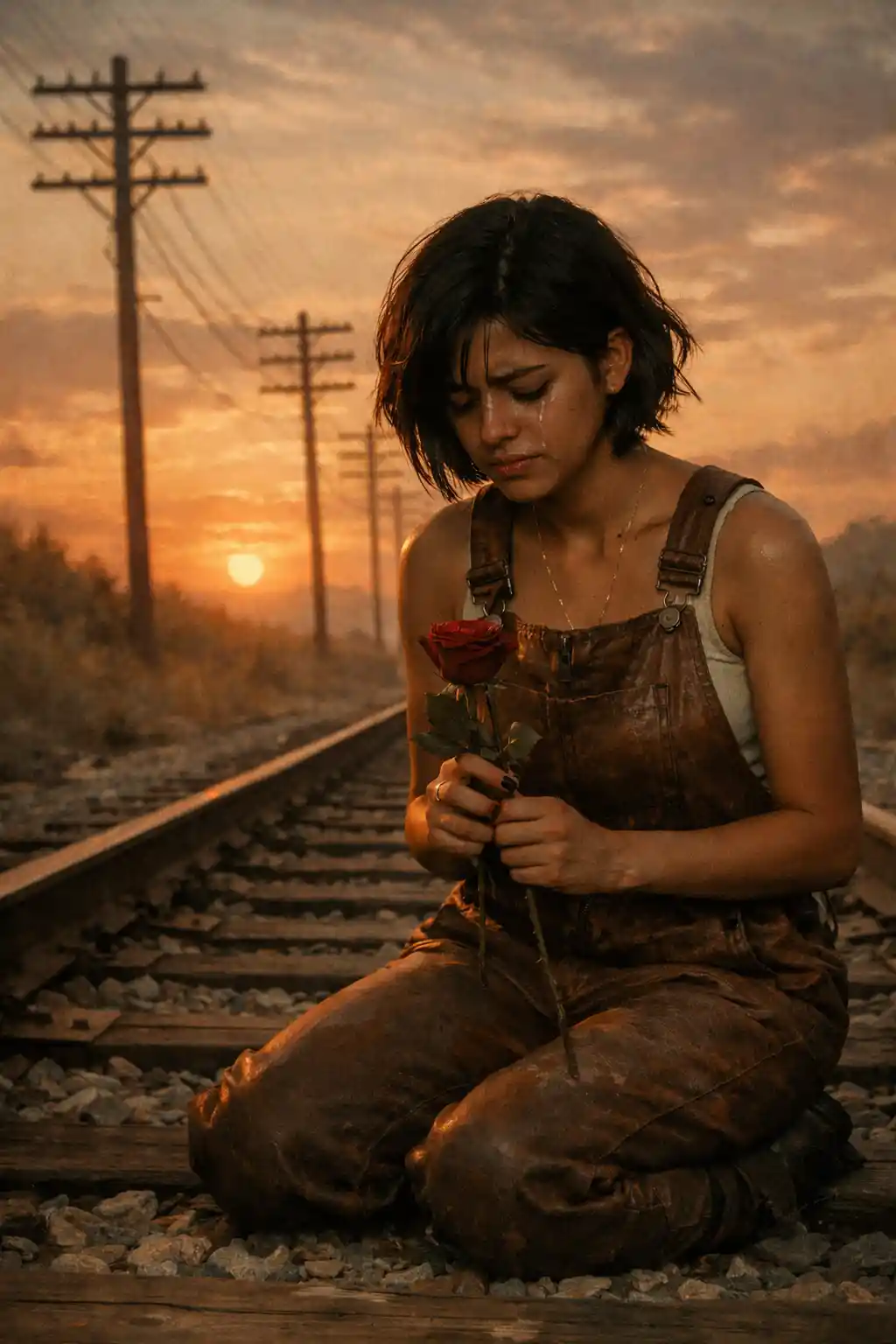 Young woman crying on railway tracks at sunset