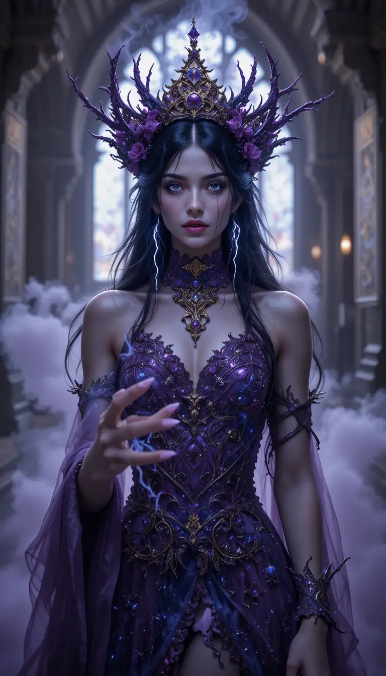 Purple gothic goddess in a misty cathedral glow