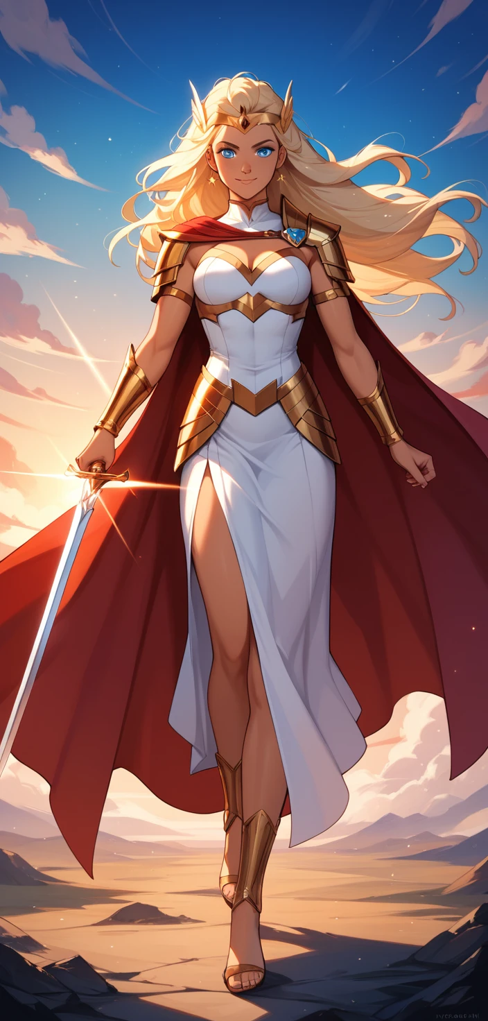 Princesa guerrera rubia posando con espada al atardecer