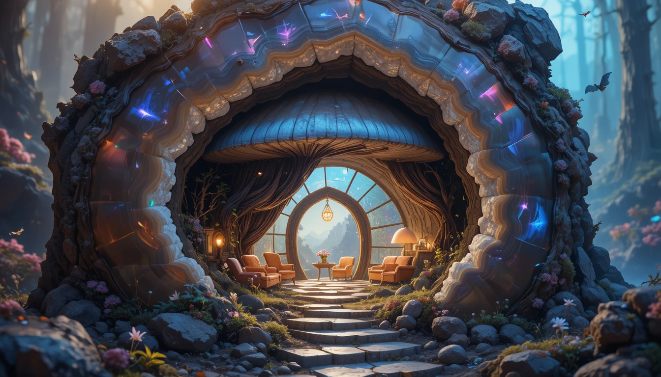 Whimsical Mushroom House Growing From A Giant Crystal Geode