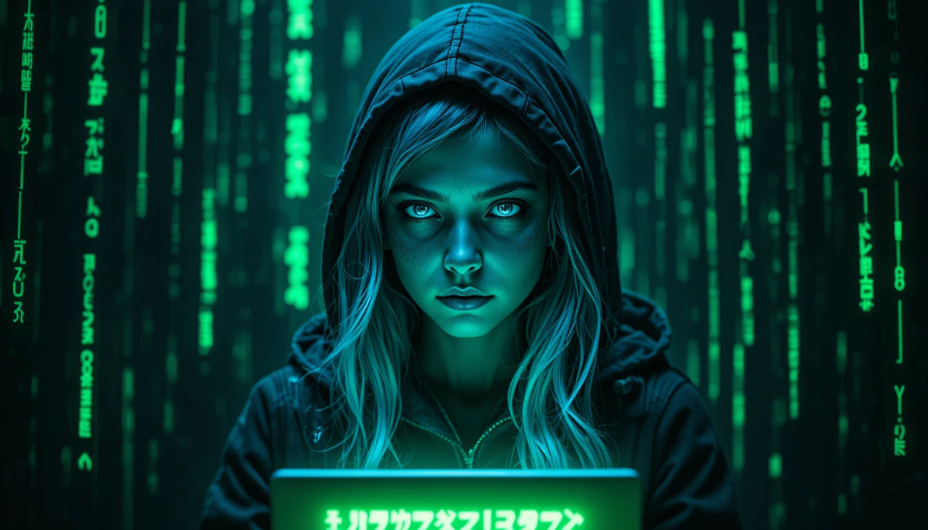 Hacker elfa encapuchada con rostro robótico azul brillante