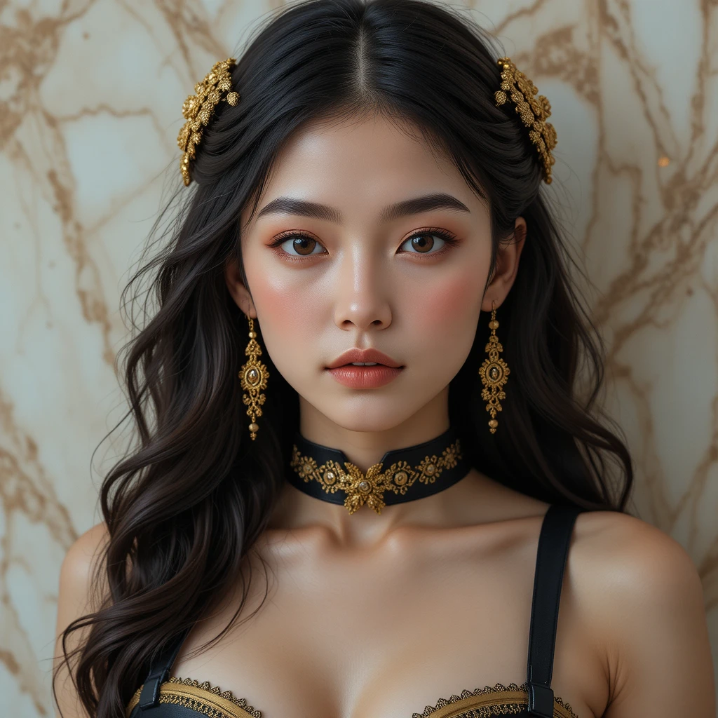 Portrait élégant d’une jeune femme en corset noir et doré