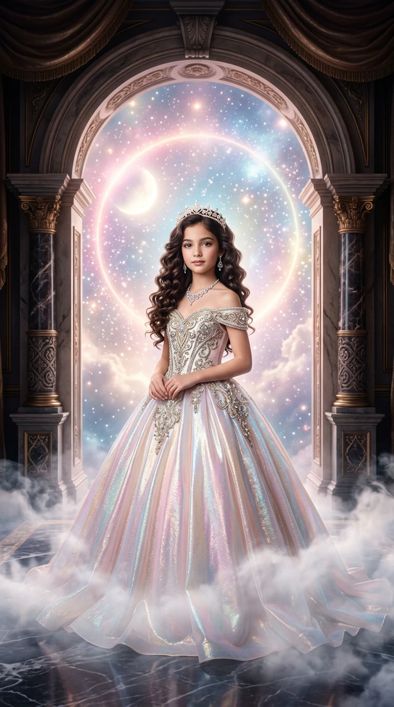 Joven princesa regia frente a un portal celeste resplandeciente