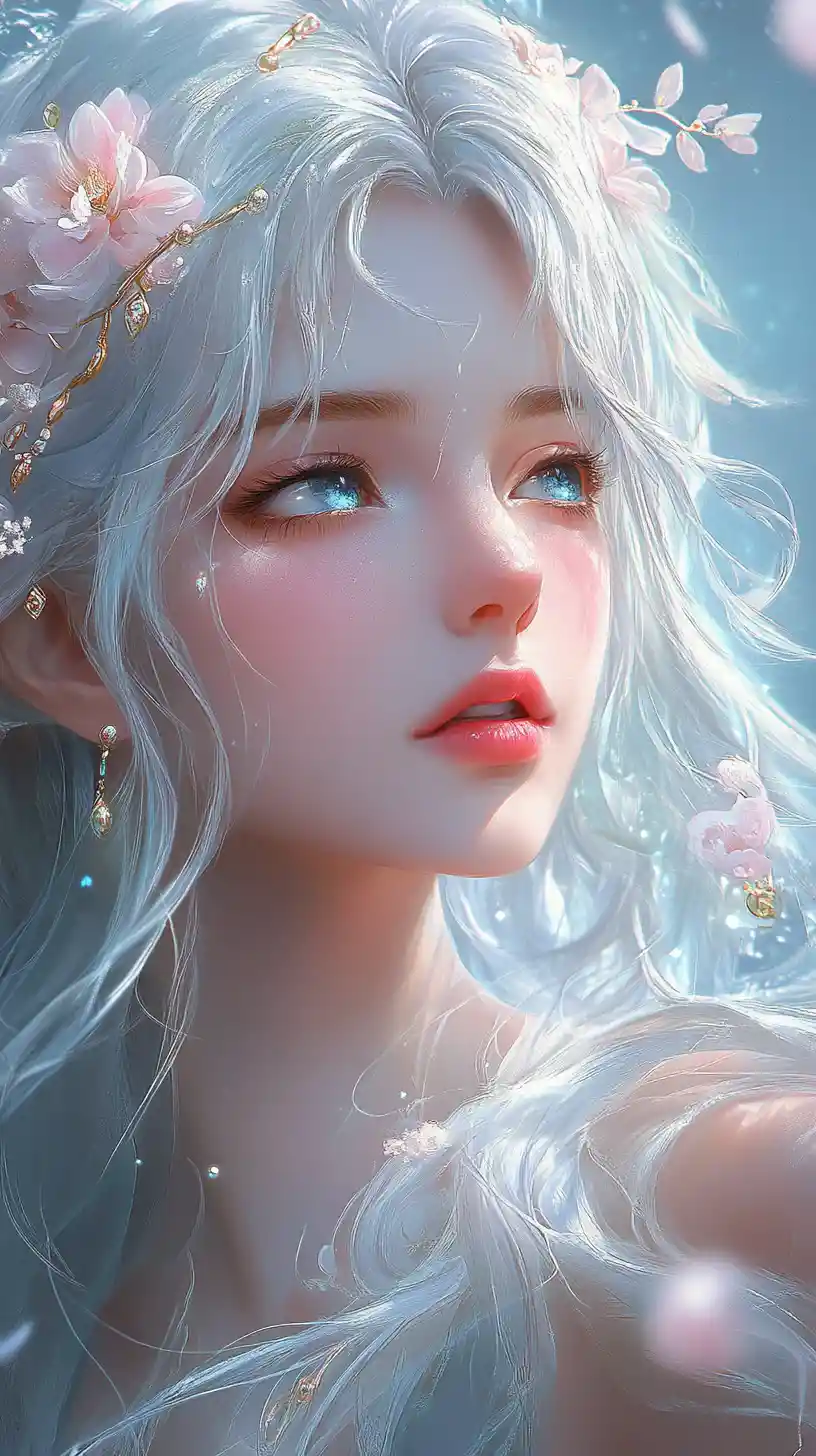 柔和藍光中銀髮奇幻少女與花朵